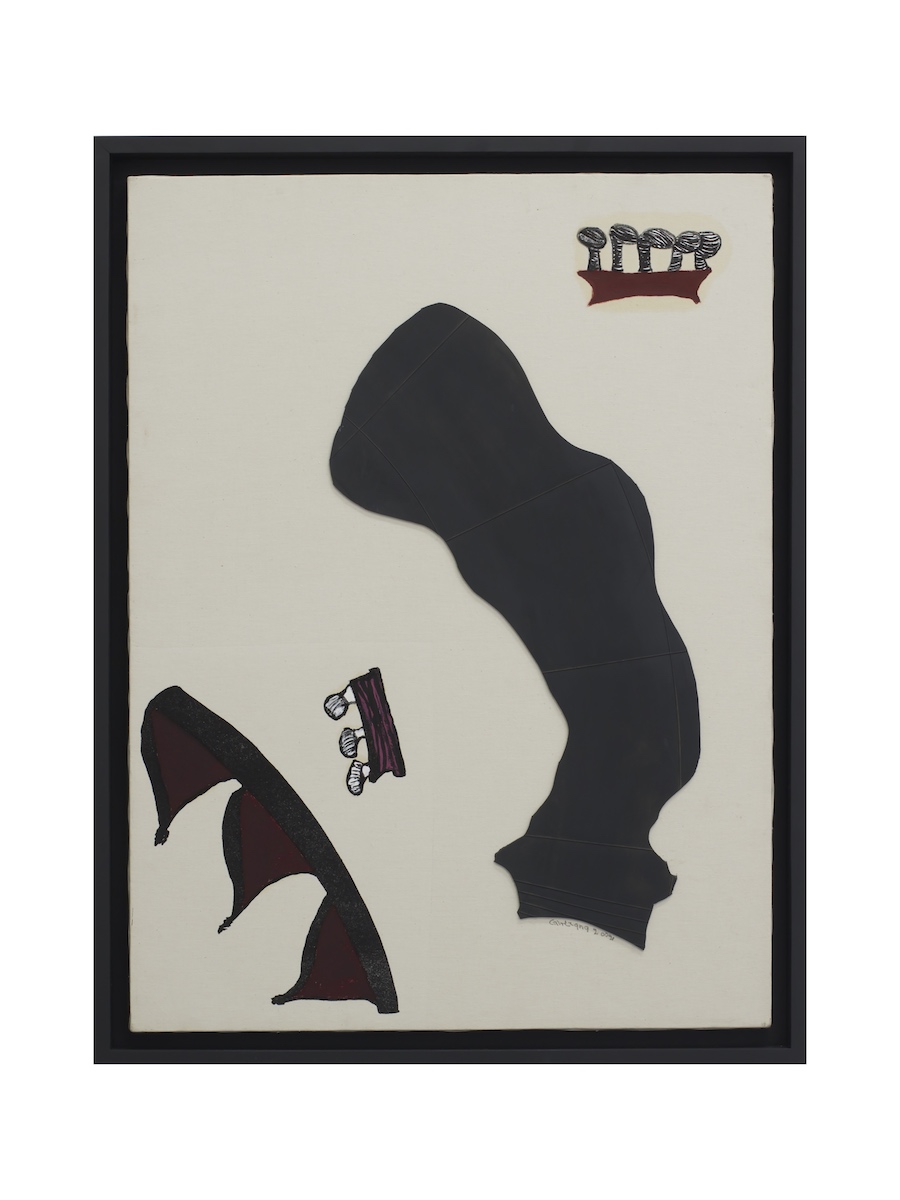 Carol Rama, La mucca pazza, 2002, collage di camere d'aria, olio e acquatinta su tela, cm 80x60