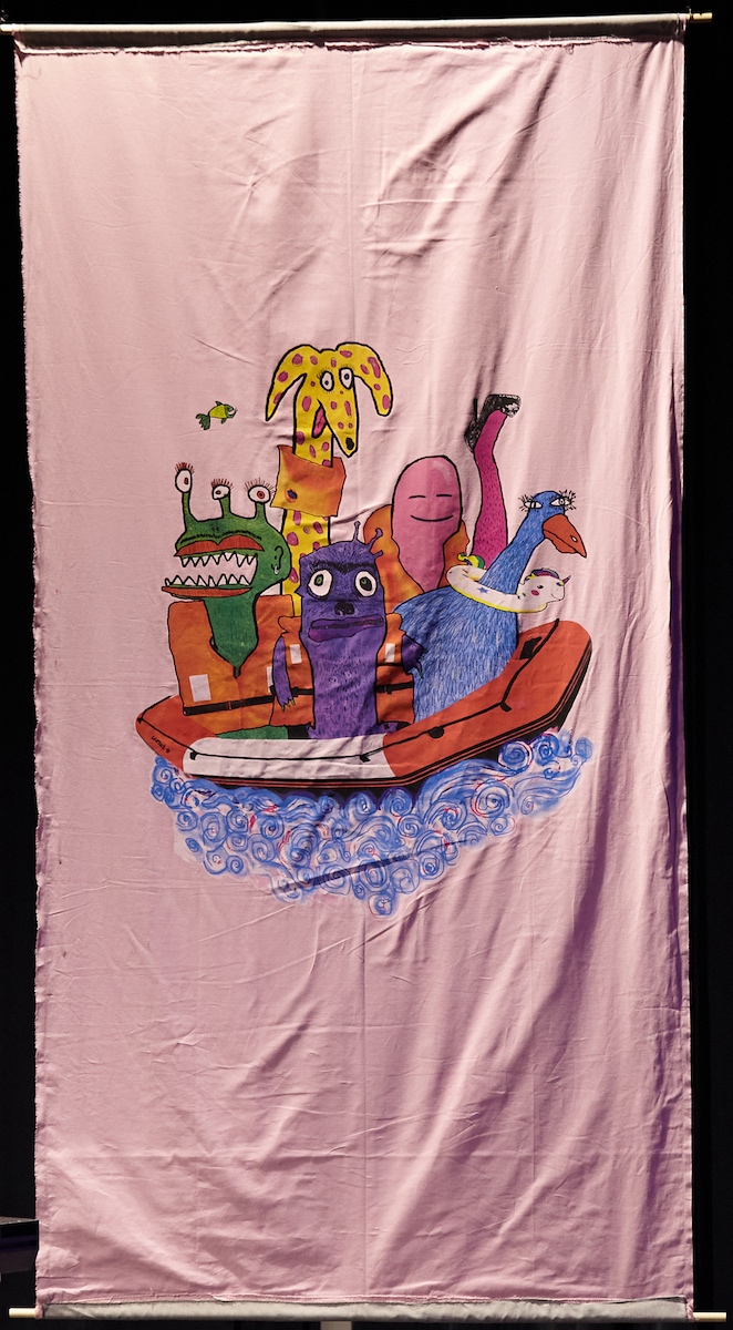 Silkscreen print on fabric, cm 280x140
[photo Joe Clark, Courtesy Galerie Wedding]